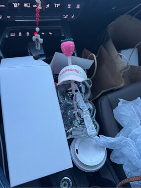 Starbucks Clear Bear Tumbler with Pink Strawberry Hat and Straw